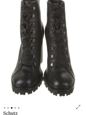 SCHUTZ Black Leather Lace-Up Lug Sole Boots